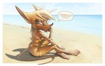 beach bikini bra butt clothed clothing dialogue female front_view gold_bikini hair hand_on_face latina light long_hair looking_at_viewer nails open_mouth orange_eyes question_mark sand sand_on_butt sand_on_foot sitting solo spanish speech_bubble sunlight swimwear tail text topless two-piece_swimsuit underwear water yellow_body g0ni25 golden_week sega sonic_the_hedgehog_(series) fan_character mammal murid murine rat rodent absurd_res hi_res signature spanish_text