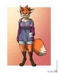 anthro barefoot black_nose bottomwear breasts brown_eyes brown_markings cheek_tuft chest_tuft clothed clothing container cup digitigrade dipstick_tail eyewear facial_tuft feet female fur glasses gloves_(marking) grey_bottomwear grey_clothing grey_shorts hair holding_container holding_cup holding_mug holding_object inner_ear_fluff jacket leg_markings markings mug open_clothing open_jacket open_topwear orange_body orange_fur orange_hair purple_clothing purple_jacket purple_shirt purple_topwear shirt shorts simple_background snaggle_tooth socks_(marking) solo standing tail tail_markings tied_hair tired tired_eyes topwear tuft white_body white_fur foxboy83 tootaloo foxgirl83 canid canine fox mammal red_fox true_fox 4:5 colored digital_media_(artwork) full-length_portrait hi_res portrait shaded