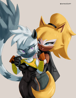 anthro blonde_hair blue_eyes breasts brown_body chest_tuft cloak clothing crop_top duo eyelashes facial_markings fangs female gloves grey_body hair handwear head_markings markings mask_(marking) open_mouth open_smile ponytail purple_eyes shirt smile teeth topwear tuft soranygyart idw_publishing sega sonic_the_hedgehog_(comics) sonic_the_hedgehog_(idw) sonic_the_hedgehog_(series) tangle_the_lemur whisper_the_wolf canid canine canis lemur mammal primate strepsirrhine wolf 2026 hi_res