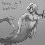 alternate_species dorsal_fin ear_fins fin glistening glistening_body glistening_skin hair hair_over_eye legless long_hair male mermaidification navel nipples nude one_eye_obstructed pecs solo split_form tail tail_fin text underwater water vic_draw_betah mermay nu:_carnival blade_(nu:_carnival) humanoid marine merfolk 1:1 english_text greyscale hi_res monochrome