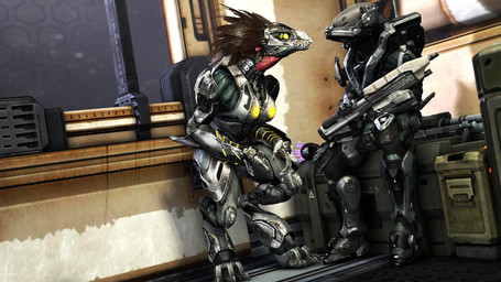 3_fingers 3_toes anthro assault_rifle avian_caruncle box breasts brown_body brown_feathers container crate digitigrade duo face_covered faceless_character faceless_human faceless_male feather_hair feathered_crest feathers feet female female_anthro fingers full_armor glowing glowing_eyes grey_body grey_scales gun head_crest male needler non-mammal_breasts pseudo_hair ranged_weapon rifle rocket_launcher scales scuted_hands scutes sitting toes weapon window yellow_eyes scrungusbungus halo_(series) microsoft xbox_game_studios alien avian human kig-yar mammal scalie t'vaoan 3d_(artwork) colored digital_media_(artwork) hi_res
