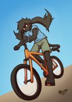 5_fingers anthro bicycle blue_clothing blue_shirt blue_topwear bottomwear clothing fingers gradient_background handle_bar looking_back male red_eyes riding_bike shirt shorts simple_background solo topwear vehicle eoks emile_(eoks) domestic_cat felid feline felis hybrid lagomorph leporid mammal rabbit 2023 absurd_res digital_media_(artwork) hi_res watermark