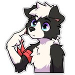 anthro armband black_body black_fur finger_on_face fur hair male mouth_closed multicolored_body pawpads raised_head simple_background solo sticker two_tone_body white_background white_body white_fur white_hair ddgio canid canine canis domestic_dog mammal meme