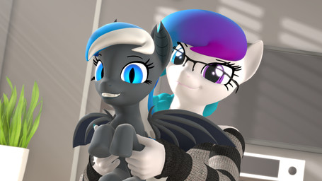 anthro anthrofied blue_eyes clothing eyewear fangs female feral glasses grey_body heterochromia holding_another houseplant looking_at_viewer plant pupils purple_eyes slit_pupils smile solo sweater teeth topwear anthroponiessfm hasbro my_little_pony aurora_starling diamond_azure fan_character bat_pony earth_pony equid equine horse mammal pony 16:9 3d_(artwork) 4k absurd_res digital_media_(artwork) hi_res widescreen