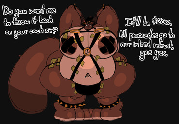 anklet anthro armband belly big_breasts big_butt breasts brown_body brown_fur bulge butt clothing fur hair harness huge_breasts huge_butt hyper jewelry kink_gear looking_at_viewer male money moobs nipples overweight pasties pose simple_background solo spiked_armband spikes tail tape text thick_thighs wide_hips ramsacked animal_crossing nintendo tom_nook_(animal_crossing) mammal digital_media_(artwork) english_text hi_res