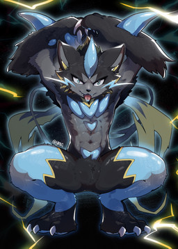 3_toes abs ambiguous_anthro ambiguous_gender anthro big_claws black_body black_fur blep blue_body blue_eyes blue_fur blue_pawpads blue_whiskers cheek_tuft claws crotch_tuft crouching facial_tuft fangs featureless_crotch feet fur glistening glistening_eyes grey_body grey_fur grey_inner_ear hands_above_head looking_at_viewer multicolored_body multicolored_fur navel nude nude_ambiguous nude_anthro pawpads pupils slit_pupils solo teeth text toe_claws toes tongue tongue_out tuft whiskers yellow_body yellow_fur yrac nintendo pokemon felid feline generation_9_pokemon mammal mega_evolution mega_zeraora pokemon_(species) 2026 absurd_res artist_name digital_media_(artwork) hi_res