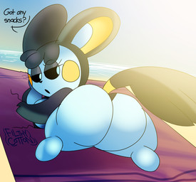 anthro anthrofied beach big_breasts big_butt bikini black_eyeshadow black_hair black_sclera breasts butt clothing dialogue eyelashes eyeshadow female hair looking_at_viewer looking_back lying makeup on_front pokemorph solo sunbathing swimwear tail text towel two-piece_swimsuit white_body white_eyes filthycottonart unfortu-nate nintendo pokemon carmen_(unfortu-nate) emolga generation_5_pokemon pokemon_(species) 2024 digital_media_(artwork) english_text hi_res