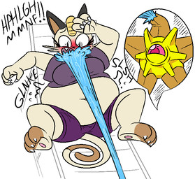 anthro belly big_belly breasts clothing duo female fur inflation liquid_inflation purple_background shirt simple_background text topwear water_inflation white_background white_body white_fur thatoneaceguy nintendo pokemon generation_1_pokemon meowth pokemon_(species) staryu 2023