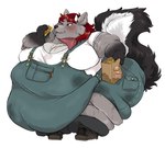 anthro bag blush bodily_fluids boots breasts clothed clothing eating female fingers food footwear fries fur gloves_(marking) green_eyes grey_body grey_fur grey_inner_ear_fluff holding_object horn inner_ear_fluff markings morbidly_obese morbidly_obese_anthro morbidly_obese_female multicolored_body multicolored_fur obese obese_anthro obese_female overalls overweight overweight_anthro overweight_female shirt shoes simple_background solo standing sweat tail topwear tuft white_background white_horn vomits_(artist) bovid bovine hybrid mammal mephitid skunk