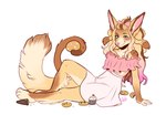 3_toes anthro barefoot biped bottomwear clothed clothing cookie cupcake feet female food paws pink_bottomwear pink_clothing pink_eyes pink_nose pink_skirt simple_background sitting skirt solo toes white_background kaitycuddle canid canine mammal 2021 digital_media_(artwork)