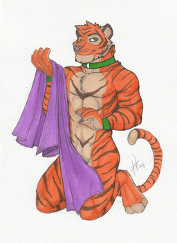 abs anthro chest_tuft closed_smile collar facial_markings front_view fur green_collar green_eyes head_markings head_tuft kneeling looking_at_viewer male male_anthro markings mouth_closed muscular muscular_anthro muscular_male neck_tuft nude orange_body orange_fur pecs simple_background smile solo striped_arms striped_body striped_face striped_fur striped_legs striped_markings striped_tail stripes tail tail_markings tan_body tan_fur tuft white_background hufnaar felid mammal pantherine tiger 2019 dated hi_res traditional_media_(artwork)