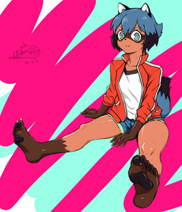 5_fingers 5_toes anthro barefoot black_body black_fur black_hair blue_body blue_eyes blue_hair brown_body brown_fur clothed clothing feet female fingers fluffy fluffy_tail fur hair humanoid_feet jacket multicolored_body multicolored_fur multicolored_hair open_clothing open_jacket open_topwear plantigrade short_hair sitting soles solo tail toes topwear skating102575401 brand_new_animal studio_trigger michiru_kagemori canid canine mammal raccoon_dog tanuki 2020