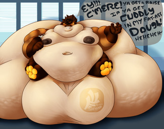 anthro areola balls belly big_areola big_balls big_butt big_dom_small_sub big_nipples blinds brown_body brown_fur butt cellulite dialogue dominant dominant_male double_chin duo eyes_closed front_view fur genitals hair hair_bun huge_balls huge_butt huge_thighs hyper hyper_balls hyper_butt hyper_genitalia immobile inviting legs_up male moobs morbidly_obese navel nipples nude obese obese_anthro obese_male office overweight overweight_anthro overweight_male pawpads ponytail raised_arm simple_background size_difference smile smiling_at_viewer sumo talking_to_viewer text thick_thighs wide_hips fujiyama_samoyed libra_(fujiyamasamoyed) saudade_(saudadegoat) bovid canid canine caprine goat mammal raccoon_dog tanuki hi_res shaded soft_shading watermark
