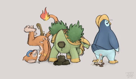 ambiguous_gender ambiguous_pooping animal_genitalia anthro anus beak blue_body blue_eyes blue_feathers blue_tail_feathers brown_body butt clenched_teeth cloaca ellipsis eyes_closed feathers feces feces_on_ground feces_pile feral fire flaming_tail fur genitals green_body grey_background group leaf legs_up looking_back narrowed_eyes open_mouth orange_body orange_fur pooping pooping_on_floor pooping_together scatplay shell simple_background standing tail tail_feathers teeth text trio urate yellow_beak yellow_body jadeder nintendo pokemon generation_4_pokemon grotle monferno pokemon_(species) prinplup 2026 artist_name dated hi_res