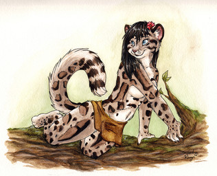 anthro blue_eyes bottomwear breasts clothed clothing female flower hair leopard_spots log loincloth long_hair plant side_boob smile solo spots tail topless wood silentravyn clouded_leopard felid mammal pantherine 2008 traditional_media_(artwork)