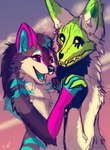 anthro blue_body blue_fur bone duo female fur hand_holding male male/female pink_body pink_fur romantic romantic_couple skull skull_head smile sunset flashw jaxxx yozora canid canine canis mammal skulldog_(species) wolf 2023 digital_drawing_(artwork) digital_media_(artwork)