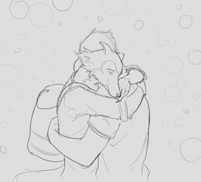 abstract_background anthro anthro_on_anthro backpack bodily_fluids cheek_tuft clothed clothing crying duo ears_back facial_tuft hug male male/male mouth_closed pivoted_ears shirt side_view t-shirt tears topwear tuft aduran beastars aoba_(beastars) legoshi_(beastars) avian canid canine canis mammal wolf hi_res monochrome sketch