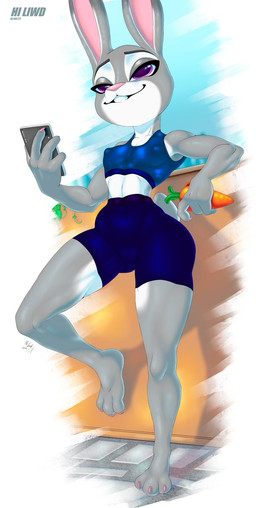 anthro barefoot blue_bottomwear blue_clothing blue_shorts blue_topwear bottomwear breasts buckteeth clothed clothing dipstick_ears ear_markings electronics eyelashes feet female front_view fur grey_body grey_fur holding_object holding_phone markings multicolored_ears navel_outline nipple_outline phone pink_nose purple_eyes shorts small_breasts smile solo teeth thick_thighs topwear white_body white_fur wide_hips workout_clothing hiliwd disney zootopia judy_hopps lagomorph leporid mammal rabbit hi_res