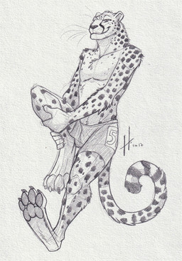anthro arm_tuft chest_tuft closed_smile clothed clothing looking_at_viewer male male_anthro markings mouth_closed neck_tuft pawpads shoulder_tuft simple_background slim_anthro slim_male smile solo spots spotted_arms spotted_legs spotted_markings spotted_tail striped_markings striped_tail stripes tail tail_markings topless tuft whiskers hufnaar cheetah felid feline mammal 2017 dated graphite_(artwork) hi_res monochrome sketch traditional_media_(artwork)