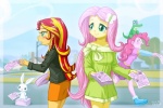 angel_(mlp) anthro anthrofied boots bottomwear clothed clothing duo equestria_girls equid equine female fluttershy_(eg) flyer_(pamphlet) footwear friendship_is_magic fur green_eyes gummy_(mlp) hair hasbro horn horse jacket mammal multicolored_hair my_little_pony pamphlet pink_body pink_skin pinkie_pie_(eg) pony red_hair shoes skirt smile standing sunset_shimmer_(eg) topwear uotapo yellow_body yellow_skin