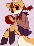 anthro bandage bandaged_leg blood blood_from_wound blood_splatter blue_bottomwear blue_clothing blue_skirt bodily_fluids bottomwear brown_body brown_fur clothing female fur gore gore_focus long_socks multicolored_body multicolored_fur orange_body orange_fur pigtails red_eyes red_ribbon ribbons school_uniform self-harm skirt solo sweater topwear uniform white_body white_fur wound_on_arm wounded pyonko canid canine fox mammal red_fox true_fox 3:4