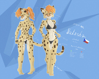 4_toes 5_fingers anthro back_tattoo bikini biped black_clothing black_underwear bracelet chest_tattoo clock clothing clothing_pull colored_nails czech_flag eyeshadow feet female female_anthro fingers front_view fur hair jewelry makeup nails orange_eyes orange_hair panties panty_pull pawpads piercing ponytail rear_view ring_(jewelry) solo spots standing swimwear tail tattoo text toes two-piece_swimsuit underwear underwear_pull watch yellow_body yellow_fur radimcatt natasha_(radimcatt) cheetah felid feline mammal 5:4 absurd_res english_text hi_res model_sheet