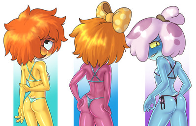 accessory anthro areola areola_slip bikini bite biting_lip biting_own_lip blue_body blue_skin blush bow_ribbon breasts butt butt_squish clothing female group hair hair_accessory hair_bow hair_over_eye hair_ribbon loli looking_at_viewer looking_back looking_back_at_viewer pink_body pink_skin rear_view ribbons self_bite small_breasts squish string_bikini swimwear trio two-piece_swimsuit yellow_body yellow_skin young young_anthro young_female tullymonst3r amphibia_(series) disney ivy_sundew maddie_flour polly_plantar amphibian frog 2025 hi_res