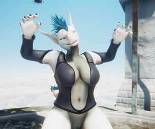 anthro arm_warmers armwear belly bottomless bottomless_anthro bottomless_female breasts claws clothed clothing fangs female genitals hair hissing inner_boob long_ears looking_at_viewer mane mane_hair medium_breasts navel shirt solo tail tail_tuft tank_top teeth teeth_showing thick_thighs topwear tuft vulva fur-focus mythology christa_(rebeldragon101) dragon mythological_creature mythological_scalie scalie 3d_(artwork) digital_media_(artwork)