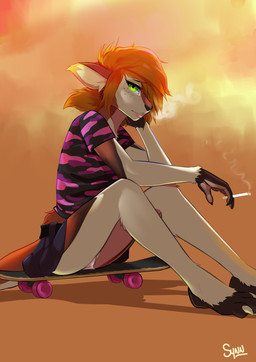 anthro biped black_nose bottomwear cigarette clothing female green_eyes hair looking_at_viewer red_hair shirt simple_background sitting sitting_on_skateboard skateboard skirt smoke solo topwear underwear vehicle synnfultiger emerald_igraine kangaroo macropod mammal marsupial 2019 absurd_res hi_res