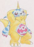 ambiguous_gender animal_skin anthro belly blush claws horn looking_at_viewer raised_arms red_eyes simple_background slightly_chubby solo standing white_background yellow_body tabasukotrr bandai_namco digimon digimon_(species) gabumon absurd_res hi_res traditional_media_(artwork)