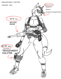 abs ammo_belt ammunition anthro ar-15 athletic athletic_female bangs breasts chest_rig clothing ears_up eyewear eyewear_on_head female footwear glasses gloves gun gun_belt hair handgun handwear holster holstered_pistol jumpsuit leg_holster leg_muscles long_hair looking_away magazine_(gun) magazine_pouch mercenary military mohawk muscular muscular_female pistol ranged_weapon rifle rifle_barrel shoes sneakers soldier solo stealth_suit suit tactical tactical_gear technology text trainer visor warrior weapon harpseal glock canid canine fox mammal absurd_res english_text hi_res