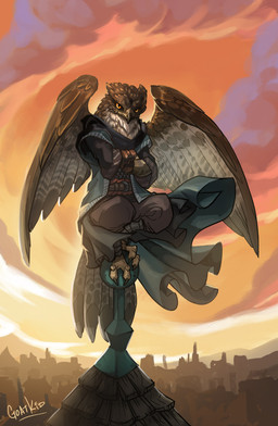 amber_eyes anthro beak brown_beak brown_body brown_feathers city claws clothed clothing cloud dipstick_beak feathered_wings feathers fur looking_at_viewer markings multicolored_body multicolored_feathers on_roof outside perching rooftop sky solo striped_feathers wings bleats accipitrid accipitriform avian bird 2015 absurd_res digital_media_(artwork) hi_res signature