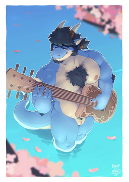animal_genitalia anthro arm_tuft athletic athletic_male belly blue_body body_hair cherry_blossom chest_hair elbow_tuft electric_guitar facial_hair flower genital_slit genitals goatee guitar hair horn male musical_instrument nipples nude one_eye_closed plant playing_guitar playing_music plucked_string_instrument ponytail prunus_(flower) pubes red_eyes sideburns smile solo standing_on_water string_instrument tuft water boar_on_board anothereidos_of_dragon_vein_r mythology folker_(anothereidos_r) dragon mythological_creature mythological_scalie scalie absurd_res hi_res