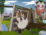 anthro bodily_fluids body_outline digestion drooling facial_piercing gameplay_mechanics group gui gun healing_numbers health_bar health_points hiding male male/male multiple_piercings nose_piercing piercing predator/prey ranged_weapon saliva shooting smug swallowing tongue tongue_out trio vore weapon bluutheferret epic_games fortnite lizzik_(fortnite) nyanja_(fortnite) rufus_(fortnite) felid feline lizard mammal procyonid raccoon reptile scalie absurd_res hi_res