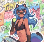 alternate_hairstyle anthro ball black_clothing black_nose blue_body blue_eyes blue_hair bottomwear bra breasts brown_body brown_fur claws cleavage clothed clothing crop_top dipstick_tail facial_markings female fur gloves_(marking) graffiti hair head_markings holding_ball holding_object holding_tennis_ball holding_tennis_racket long_hair looking_at_viewer markings mask_(marking) medium_breasts midriff navel orange_body orange_fur outline shirt small_waist solo sport sports_bra sportswear tail tail_markings tennis tennis_ball tennis_racket text topwear underwear white_outline yarney brand_new_animal studio_trigger michiru_kagemori canid canine mammal raccoon_dog tanuki english_text half-length_portrait hi_res portrait signature