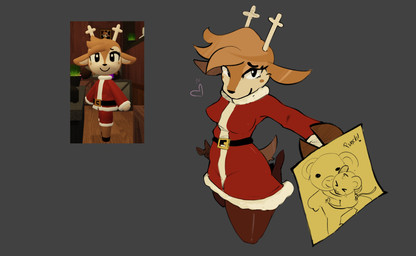 anthro antlers belt belt_buckle biped black_nose black_text blush blush_stickers breasts brown_body brown_ears brown_fur brown_hair brown_hooves brown_tail buckle christmas_clothing closed_smile clothed clothed_anthro clothed_female clothing collar costume ears_down eye_bags eyelashes female fingers fluffy_collar fur grey_background hair heart_symbol holding_note holding_object holidays hooved_fingers hooves horn legwear long_eyelashes looking_at_viewer medium_breasts mouth_closed pivoted_ears post-it_note red_clothing red_topwear santa_costume screencap short_hair simple_background smile solo tail tan_body tan_fur text tights topwear waist_belt white_antlers white_collar zenpaich christmas roblox tower_heroes juniper_(tower_heroes) deer mammal 2026 3d_(artwork) absurd_res digital_drawing_(artwork) digital_media_(artwork) hi_res reference_image