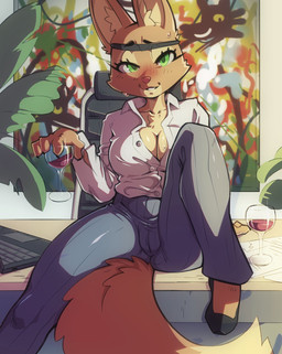 alcohol anthro beverage blush bottomwear breasts cleavage clothed clothing collarbone computer container cup drinking_glass electronics eyebrows eyelashes female flats_(shoes) footwear fur glass glass_container glass_cup glistening glistening_breasts green_eyes holding_object inner_ear_fluff laptop orange_body orange_fur pants shirt shoes sitting solo tan_body tan_fur topwear tuft wine wine_glass mcfli dreamworks the_bad_guys diane_foxington canid canine fox mammal 2025 hi_res