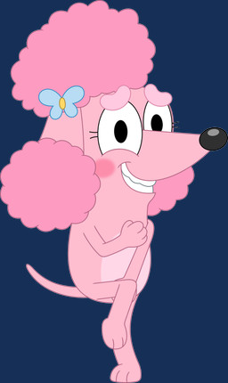 accessory anthro bare_chest blush breasts clenched_teeth covering covering_chest covering_crotch covering_self embarrassed featureless_breasts female fur hair_accessory hairclip on_one_leg pink_body pink_fur shaved_fur sheepish_grin simple_background solo standing teeth transparent_background young young_anthro young_female porygon2z bluey_(series) coco_(bluey) canid canine canis domestic_dog mammal poodle absurd_res alpha_channel hi_res