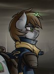 bethesda_softworks brown_mane crossover cutie_mark equid equine fallout fallout_equestria fan_character female feral fur glowing glowing_horn green_eyes grey_body grey_fur hasbro hi_res horn horse littlepip mammal mane microsoft my_little_pony mythological_creature mythological_equine mythology pony solo unicorn vault_suit whitepone
