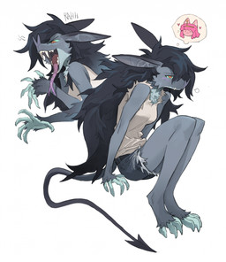 anthro anthrofied biped bite_mark bite_mark_on_neck black_hair blush bottomwear claws clothing fanged_bite_mark fanged_bite_mark_on_neck fangs female finger_claws forked_tongue fur grey_body grey_fur hair long_ears long_hair open_mouth open_smile piercing red_eyes shorts simple_background sitting sleeveless_shirt smile solo spade_tail tail teeth toe_claws tongue tongue_out tongue_piercing white_background telson adventure_time cartoon_network marceline_abadeer princess_bubblegum bat demon mammal vampire 2023 digital_media_(artwork) hi_res