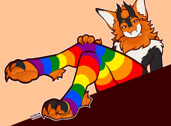 claws clothing crossed_legs fangs happy horn legwear legwear_only lgbt_pride looking_at_viewer male mostly_nude pawpads seductive sitting smile smiling_at_viewer solo stockings stockings_only teeth shinystarshard absurd_res hi_res
