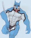 abs anthro biceps big_muscles black_nose blue_background blush bulge clothed clothing collar male muscular muscular_anthro muscular_male nipples pecs pole simple_background solo stripper thong tongue tongue_out topless underwear iceman1984 power_rangers power_rangers_spd super_sentai tokusou_sentai_dekaranger doggie_kruger canid canine canis domestic_dog mammal