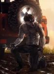 anthro athletic biped boots bottomwear brown_eyes clothed clothing fingerless_gloves footwear gloves handwear jewelry kneeling looking_at_viewer male muscular muscular_anthro necklace outside pants road shoes solo tools topless vehicle wrench racoonwolf jeep canid canine canis mammal wolf