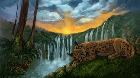 ambiguous_gender cloud day detailed_background eyes_closed feral fur grass lying nude outside plant sky sleeping solo sun tan_body tan_fur water waterfall flashw felid feline lynx mammal 2014 digital_media_(artwork) digital_painting_(artwork) painting_(artwork)