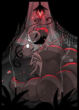 antennae_(anatomy) anthro duo eyelashes female lamp lantern lips looking_at_another male mask open_mouth open_smile smile text sachy_(sachichy) hollow_knight_(franchise) team_cherry divine_(hollow_knight) leg_eater_(hollow_knight) arthropod 2025 artist_name english_text