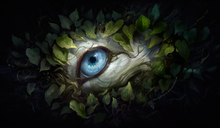 ambiguous_gender blue_eyes close-up creepy dark disembodied_eyes eye_markings fur ivy_(plant) leaf looking_at_viewer markings plant shrub solo surrealism white_body white_fur alectorfencer canid canine mammal detailed digital_media_(artwork) digital_painting_(artwork) painting_(artwork)