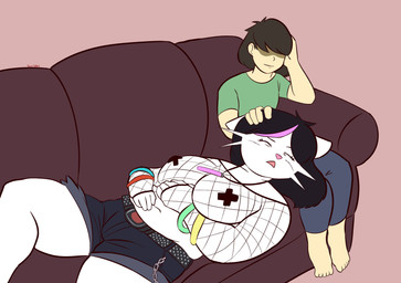 5_fingers 5_toes accessory ambiguous_gender ambiguous_human anthro arm_support bangs belly belt big_breasts black_hair blush blush_lines bottomwear bracelet breasts brown_hair chain clothed clothing denim denim_bottomwear denim_clothing denim_shorts duo eyebrows eyelashes eyes_closed feet female female/ambiguous female_anthro fingers fishnet_clothing fishnet_topwear fur furniture glowstick glowstick_necklace green_clothing green_shirt green_topwear grey_bottomwear grey_clothing grey_pants hair hair_over_eyes hand_on_belly head_on_hand headpat highlights_(coloring) jeans jewelry larger_female leaning_on_elbow lying navel on_back on_lap open_mouth pants partially_clothed pasties petting pink_nose shirt shorts sitting size_difference sleeping slightly_chubby slightly_chubby_female smile sofa tape thick_thighs toes topless topless_female topwear whiskers white_body white_fur toonarscontent deltarune undertale_(series) catti_cattenheimer kris_dreemurr domestic_cat felid feline felis human mammal 2022 absurd_res digital_media_(artwork) hi_res signature