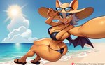 anthro beach big_breasts big_butt bikini biped breasts butt cleavage clothed clothing detailed_background eyewear female footwear glistening glistening_body hat headgear headwear looking_at_viewer looking_back looking_back_at_viewer navel open_mouth outside pupils sandals selfie shoes smile solo sun sun_hat sunglasses swimwear thick_thighs two-piece_swimsuit thyhsilverfeet sega sonic_the_hedgehog_(series) rouge_the_bat bat mammal absurd_res hi_res