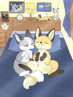 ambiguous_gender bed bedding bedroom blush brown_body brown_fur brown_pawpads clock cuddling curtains detailed_background dipstick_tail duo eyes_closed featureless_crotch feet feral flower fur furniture grey_body grey_fur inner_ear_fluff inside lamp leg_markings lying markings multicolored_body multicolored_fur multicolored_tail on_back on_bed orange_body pawpads paws photo pillow plant plushie smile socks_(marking) tail tail_markings toes tuft white_body white_fur window yellow_body yellow_fur fusau canid canine fox mammal 2024 detailed digital_media_(artwork) hi_res