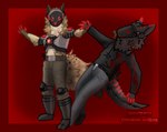 anthro blood bodily_fluids brown_body clothed clothing fur hair machine male red_eyes screen screen_face simple_background smile solo spots aceytango johmn kano_(mortal_kombat) hyena mammal protogen spotted_hyena digital_media_(artwork) hi_res